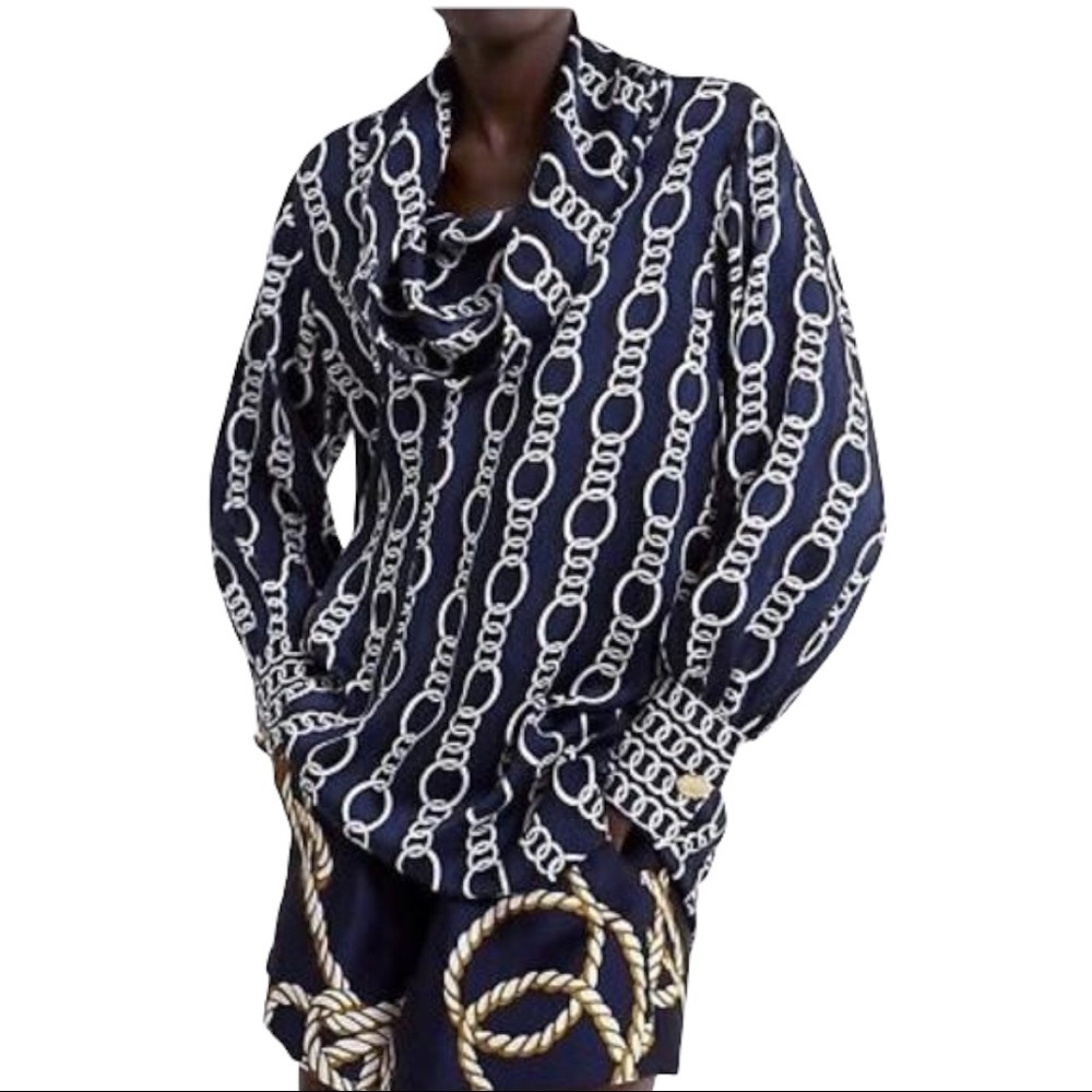 Zara Navy Blue Chain Print Blouse - Size XS​